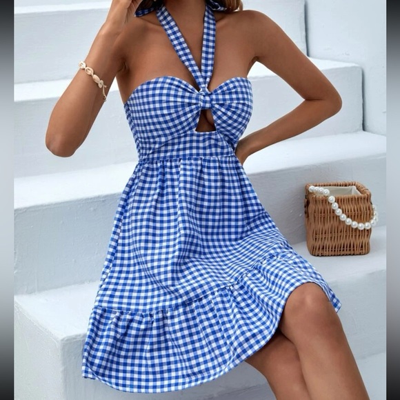 Classic Gingham Print Bandeau Cut Out Ruffle Hem Halter Neck Backless Dress - Picture 6 of 6